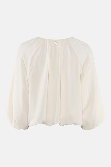 Ecru blouse with three-quarter sleeves by [brand] featuring gathered back neckline and soft flowing fabric, back view