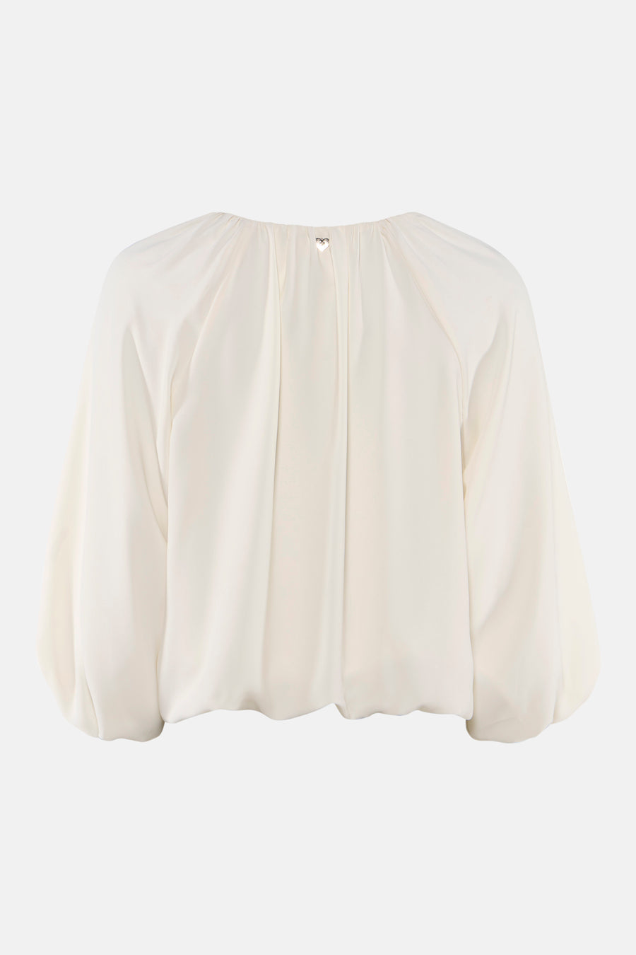 Ecru blouse with three-quarter sleeves by [brand] featuring gathered back neckline and soft flowing fabric, back view