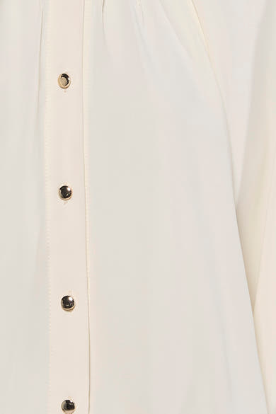 Ecru 3/4 sleeve blouse with front button placket, smooth fabric, close-up front view