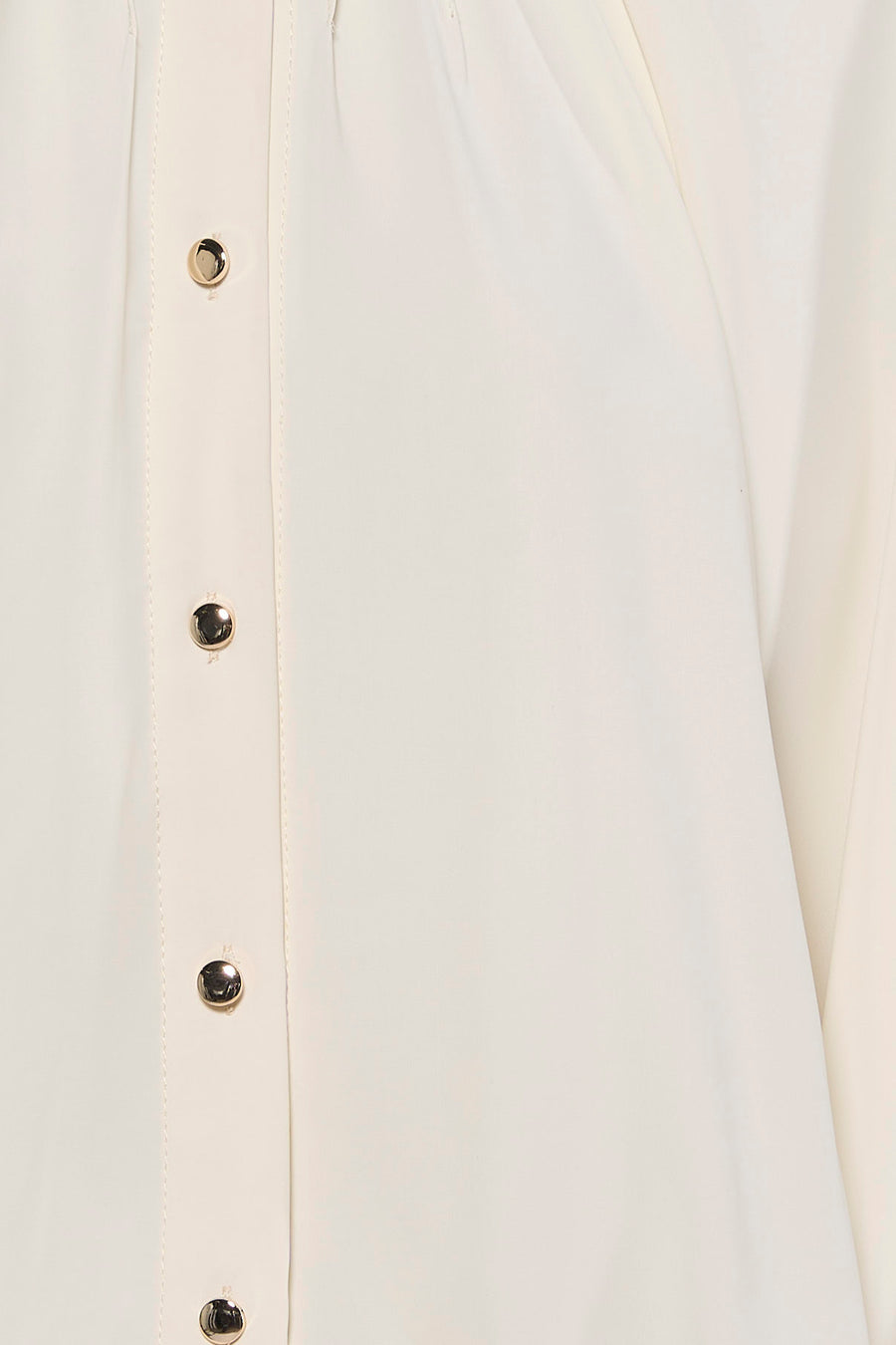 Ecru 3/4 sleeve blouse with front button placket, smooth fabric, close-up front view