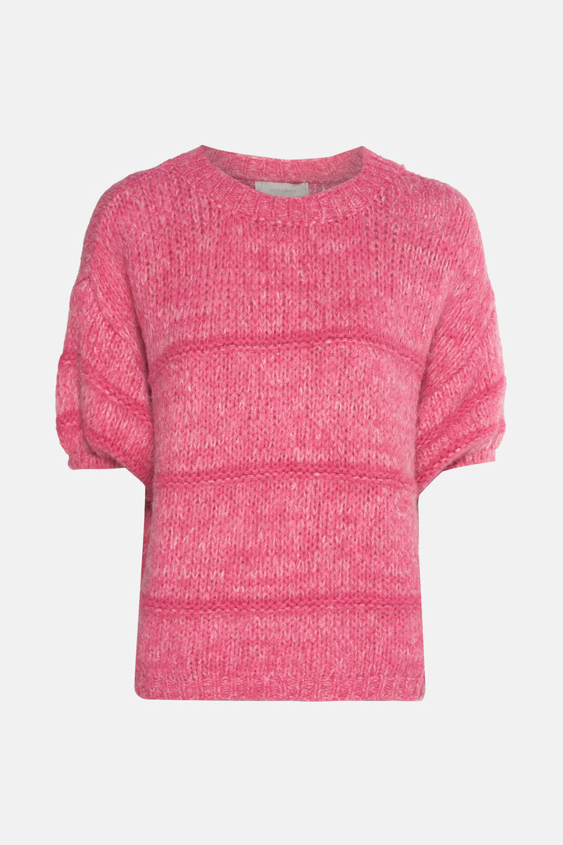 Pink V-neck sweater with marled knit texture and ribbed horizontal bands, by Amelie Lancelot, front view