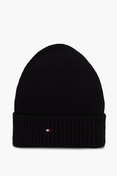 Zwarte gebreide muts van Tommy Jeans, met vlaglogo op de omgeslagen rand.