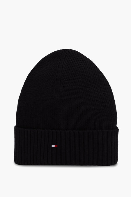 Zwarte gebreide muts van Tommy Jeans, met vlaglogo op de omgeslagen rand.