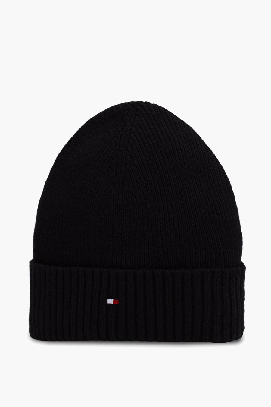 Zwarte gebreide muts van Tommy Jeans, met vlaglogo op de omgeslagen rand.