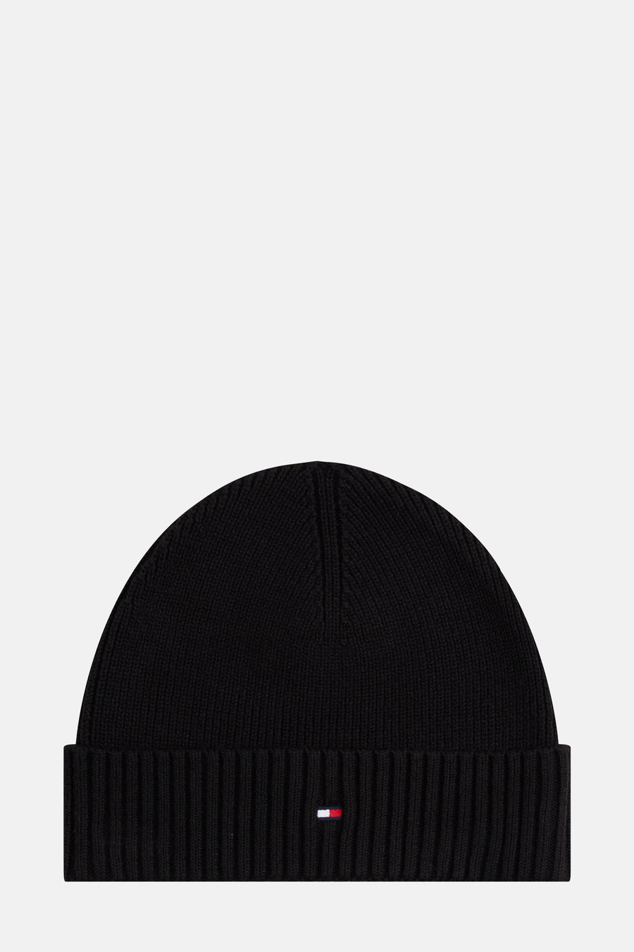 Zwarte gebreide muts van Tommy Jeans, versierd met een klein iconisch logo.