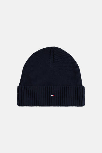 Bonnet bleu marine TOMMY JEANS à revers côtelé, avec petit logo drapeau.