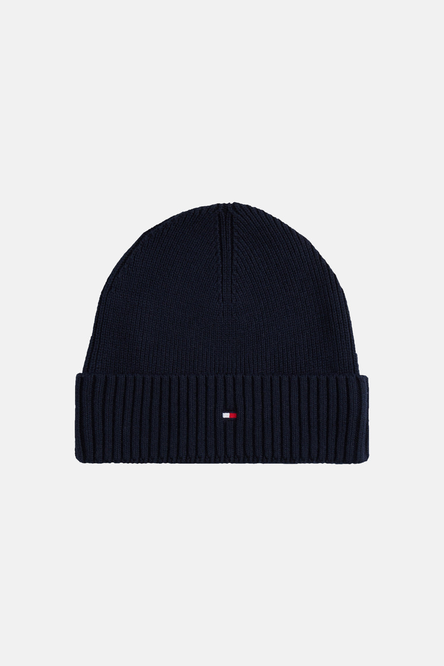 Bonnet bleu marine TOMMY JEANS à revers côtelé, avec petit logo drapeau.