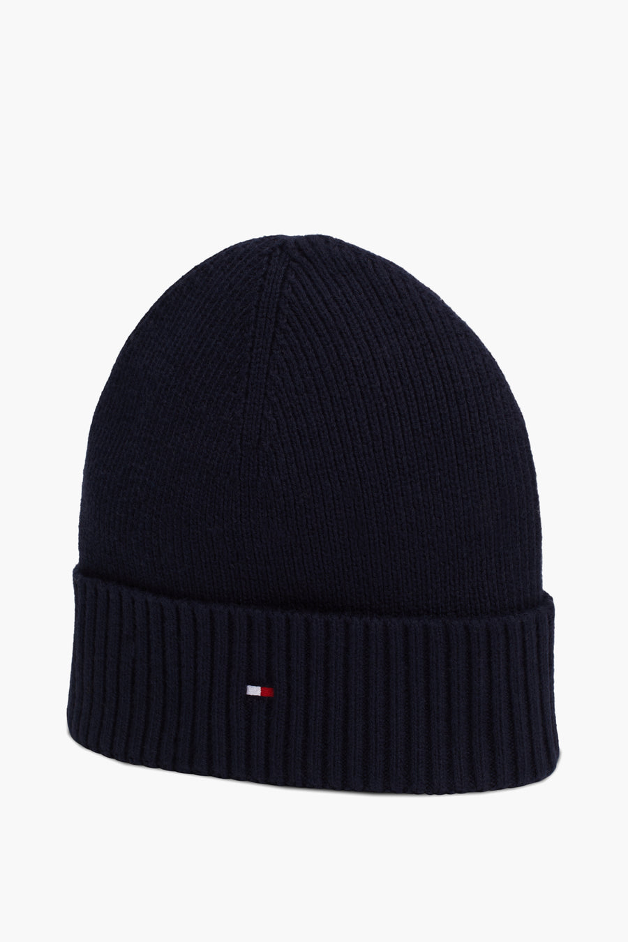 Marineblauwe gebreide muts van Tommy Jeans, versierd met een klein vlaglogo.