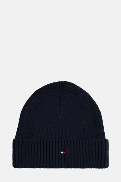 Donkerblauwe muts van Tommy Jeans, met een kleine driekleurige streep op de omgeslagen rand.