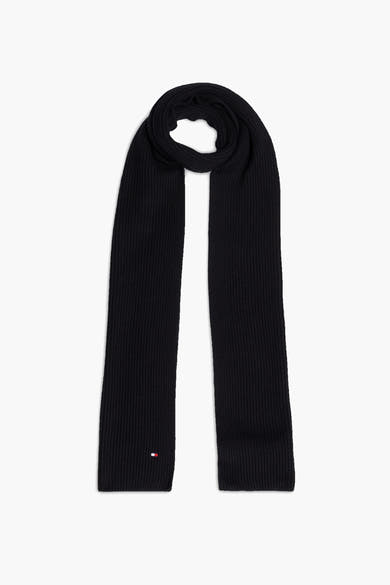 Zwarte geribbelde gebreide sjaal van TOMMY JEANS, met klein vlaglogo.
