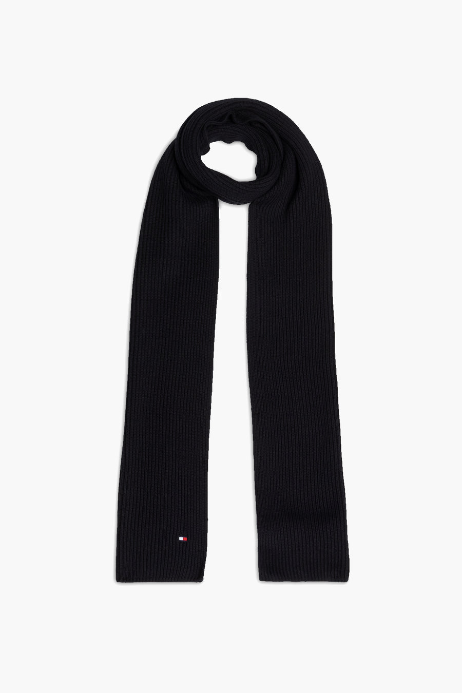 Zwarte geribbelde gebreide sjaal van TOMMY JEANS, met klein vlaglogo.
