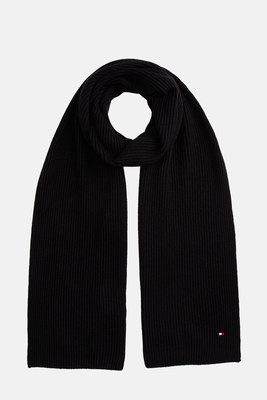 Zwarte geribbelde gebreide sjaal van TOMMY JEANS, versierd met een discreet, iconisch logo.