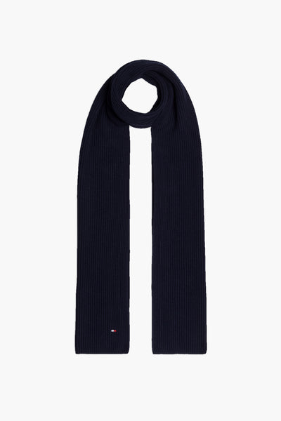 Marineblau gestreepte sjaal van TOMMY JEANS, met discreet driekleurig vlaglogo.