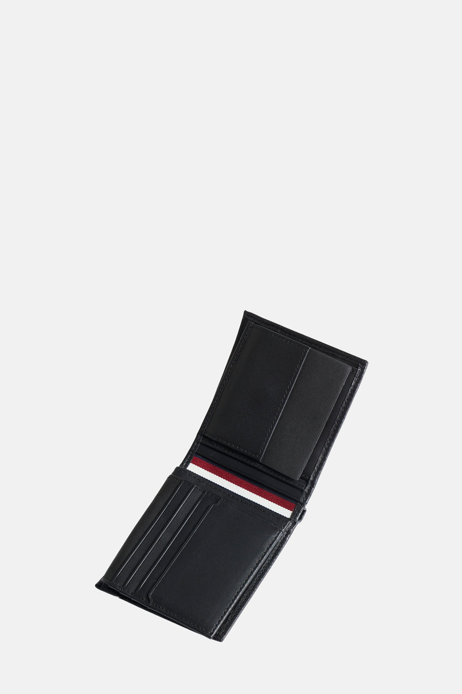 Porte-monnaie noir en cuir par Tommy Jeans, rayures rouge et blanche, ouvert.