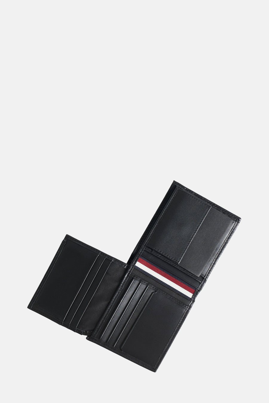 Porte-monnaie noir de TOMMY JEANS avec rayures décoratives bleu, blanc et rouge.