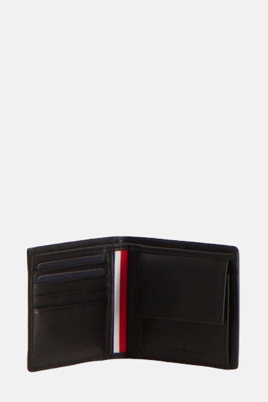 Zwarte TOMMY JEANS portemonnee met een rood, wit en blauw gestreepte band.