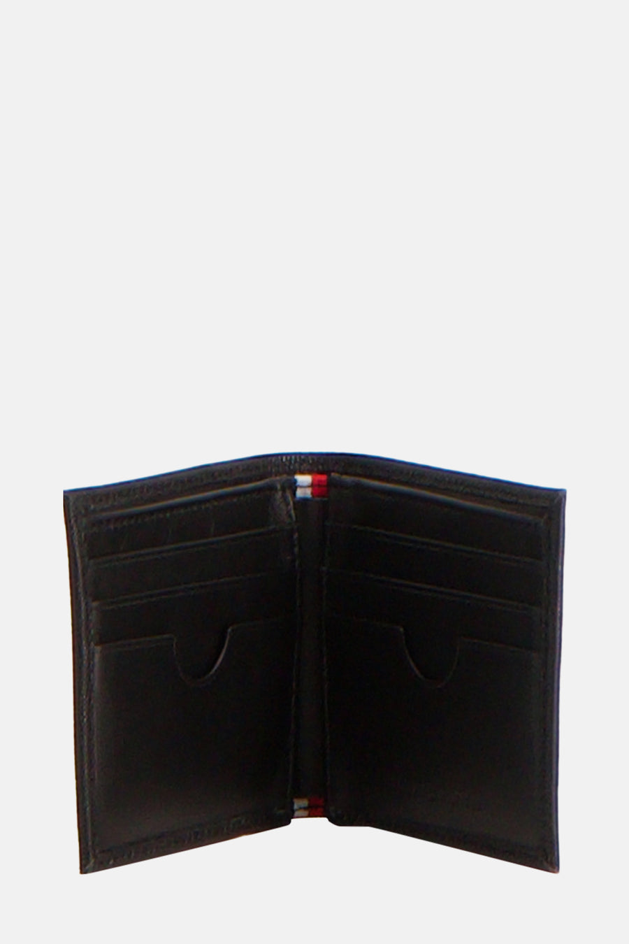 Portefeuille noir en cuir de TOMMY JEANS, avec rayures tricolores distinctives et plusieurs emplacements pour cartes.