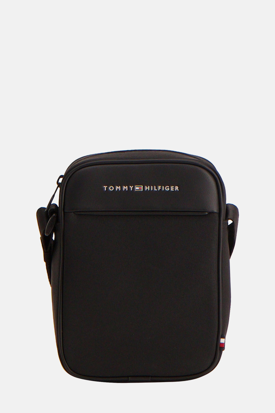 Zwarte schoudertas van TOMMY JEANS, met logo en driekleurige details aan de voorkant.