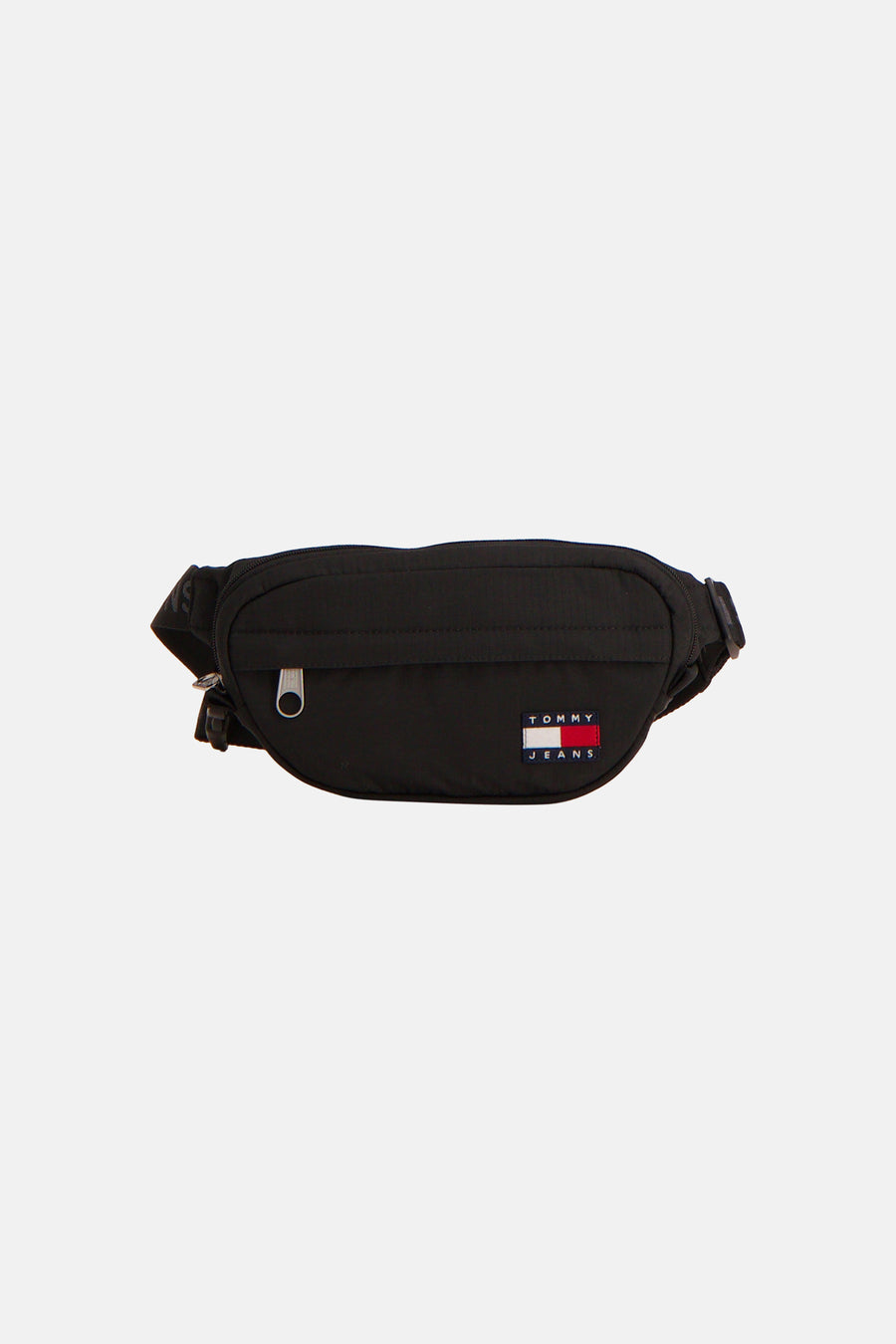 Sac banane noir de Tommy Jeans, avec logo rectangulaire rouge, blanc et bleu.