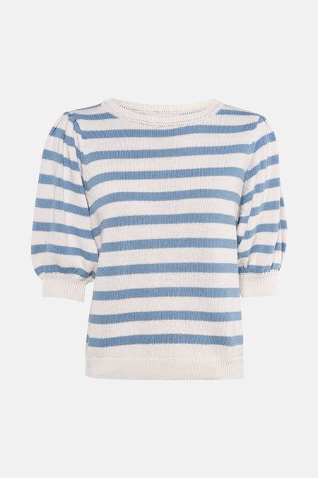 Pull à col rond multicolore d'AMELIE ET AMELIE, à rayures bleu et écru avec des manches bouffantes.