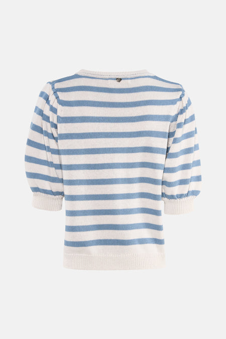 Pull à col rond rayé bleu et blanc de AMELIE ET AMELIE, avec des manches bouffantes courtes.