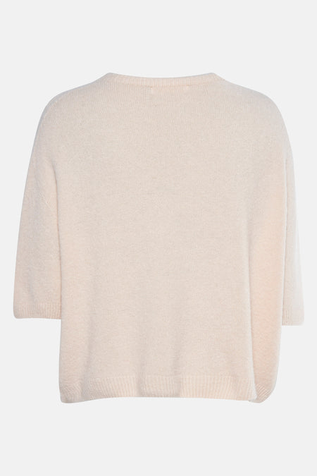 Beige ronde hals trui van AMELIE ET AMELIE, in fijne brei, korte mouwen.