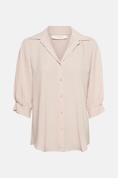 Beige blouse met korte mouwen van AMELIE ET AMELIE, met knoopsluiting en klassieke kraag.