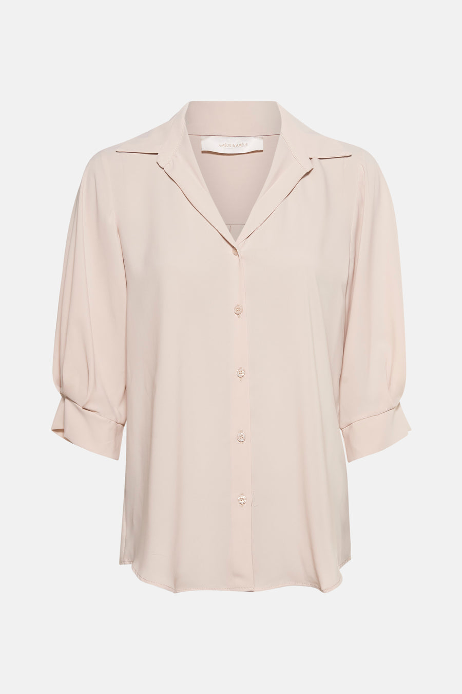 Beige blouse met korte mouwen van AMELIE ET AMELIE, met knoopsluiting en klassieke kraag.