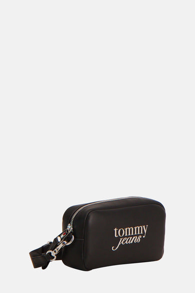 Sac à bandoulière noir de Tommy Jeans, avec une bandoulière amovible et logo blanc imprimé.