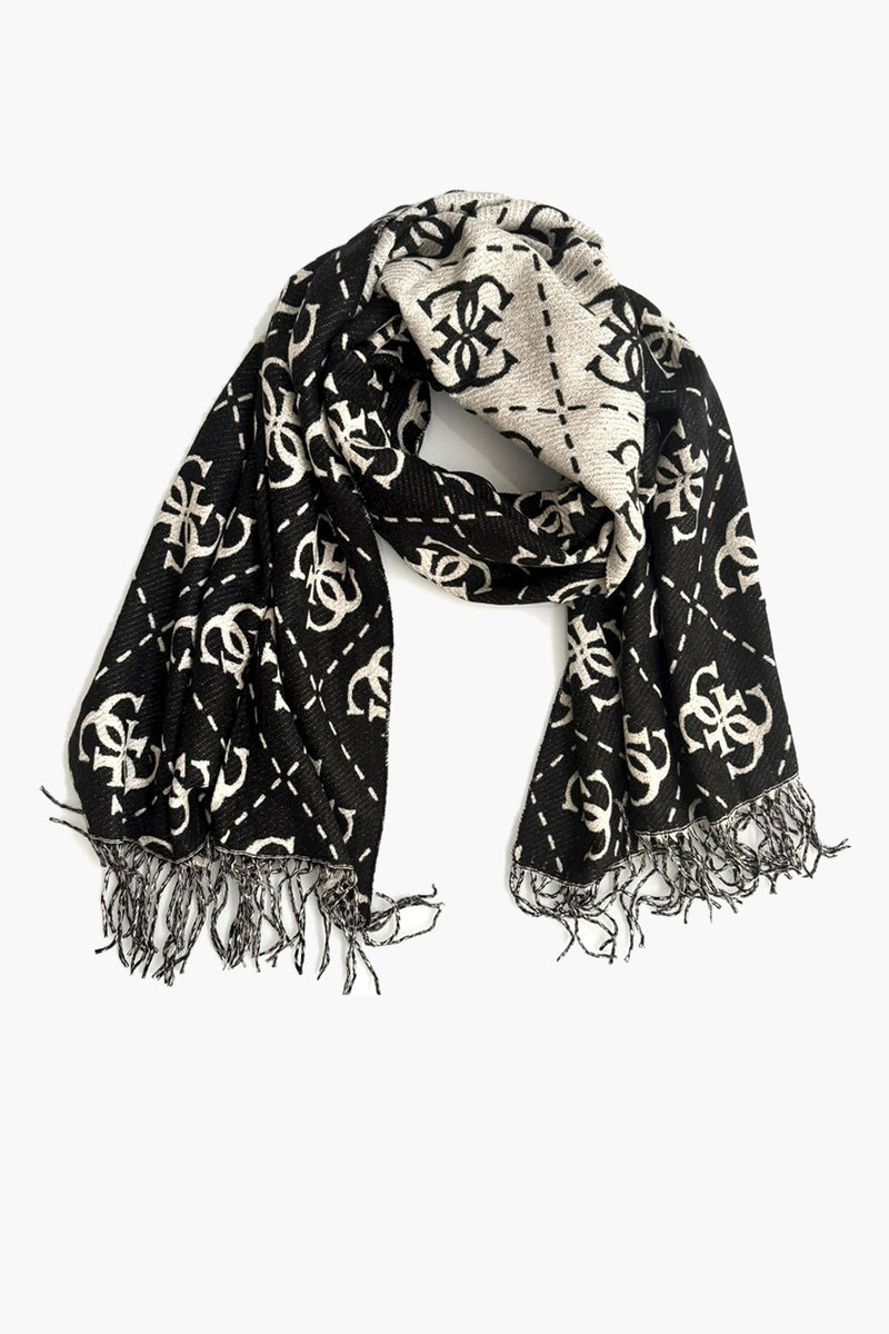 Zwarte sjaal van Guess® met herhaald ananasmotief en franje-eindes.