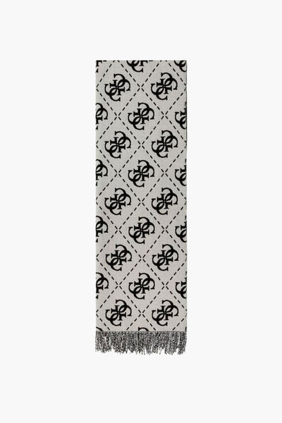 Écharpe noire par Guess® avec motif losanges répété et finitions à franges.