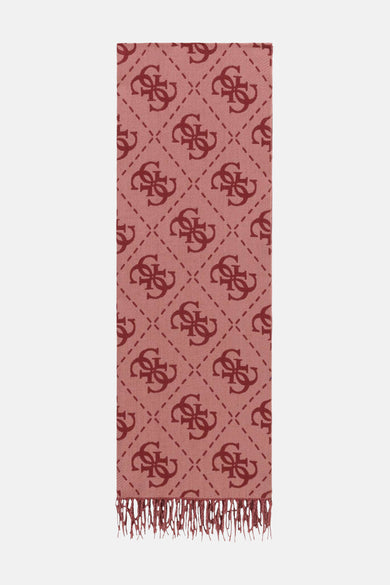 Écharpe rouge à motif monogramme répété par Guess®, avec franges et texture douce, vue de face.