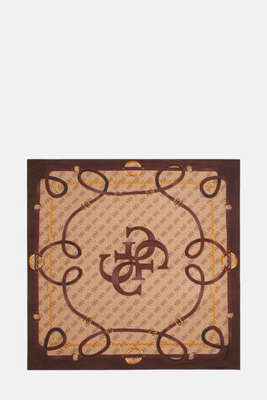 Bruine sjaal van Guess met kettingprint en logo.