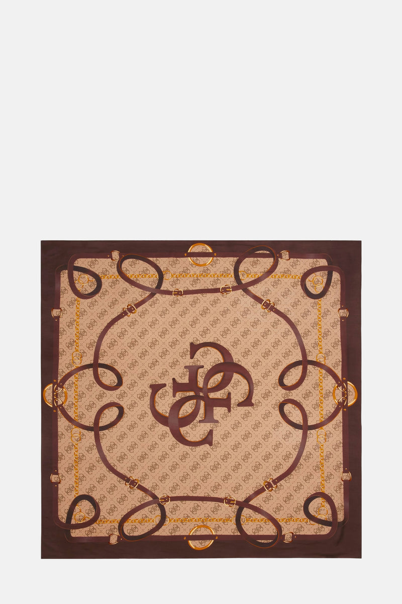 Bruine sjaal van Guess met kettingprint en logo.