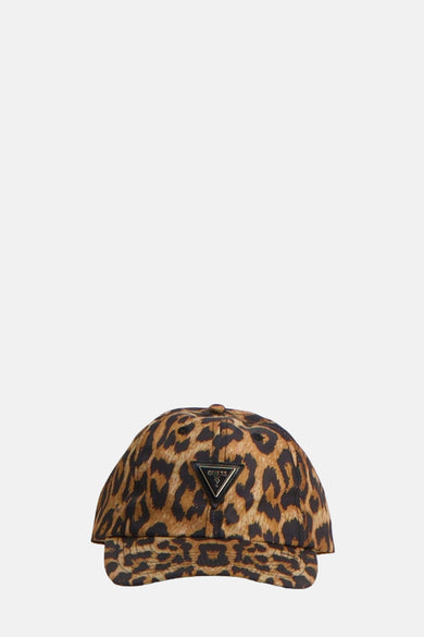 Bruine pet met luipaardprint van Guess, van achteren gezien met metalen gespsluiting.