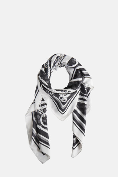 Zwarte sjaal met patronen van Guess, met ketting-, strepen- en merklogo-prints.