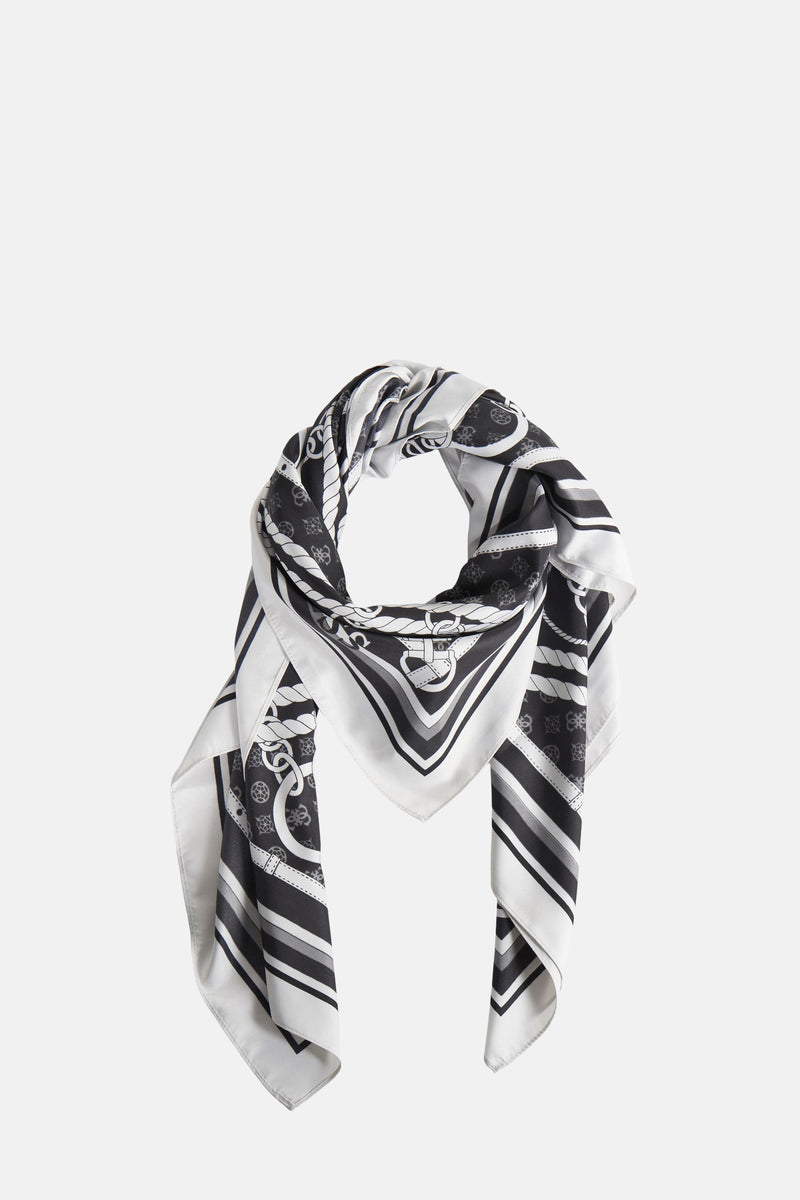 Zwarte sjaal met patronen van Guess, met ketting-, strepen- en merklogo-prints.