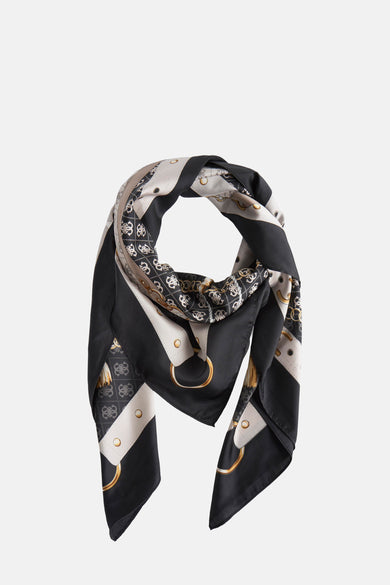 Multikleuren sjaal van Guess, met kettingen, gespen en in elkaar gevlochten monogrammen op crêpezijde.
