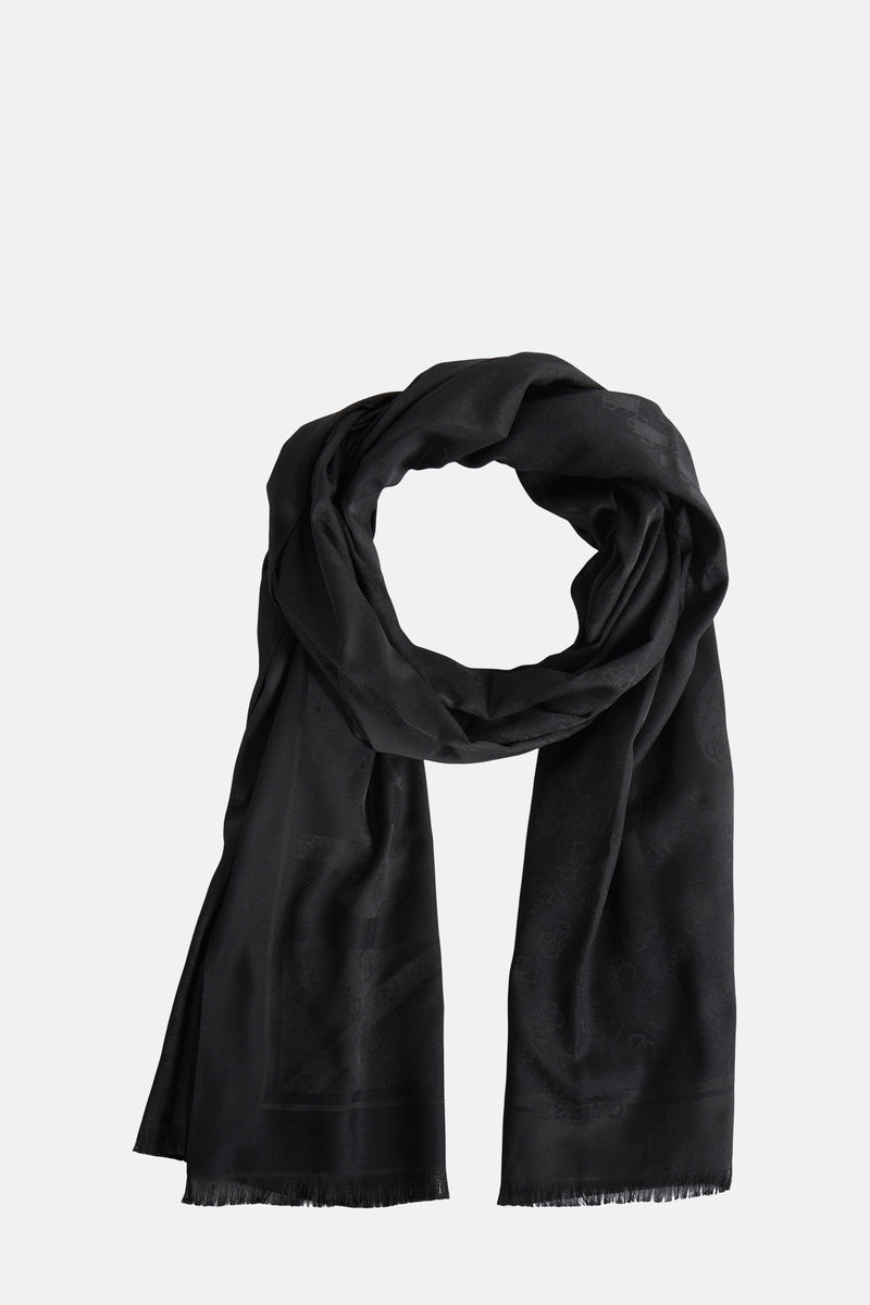 Zwarte foulard van Guess, met een subtiel toon-op-toon patroon en delicate franjes aan de randen.
