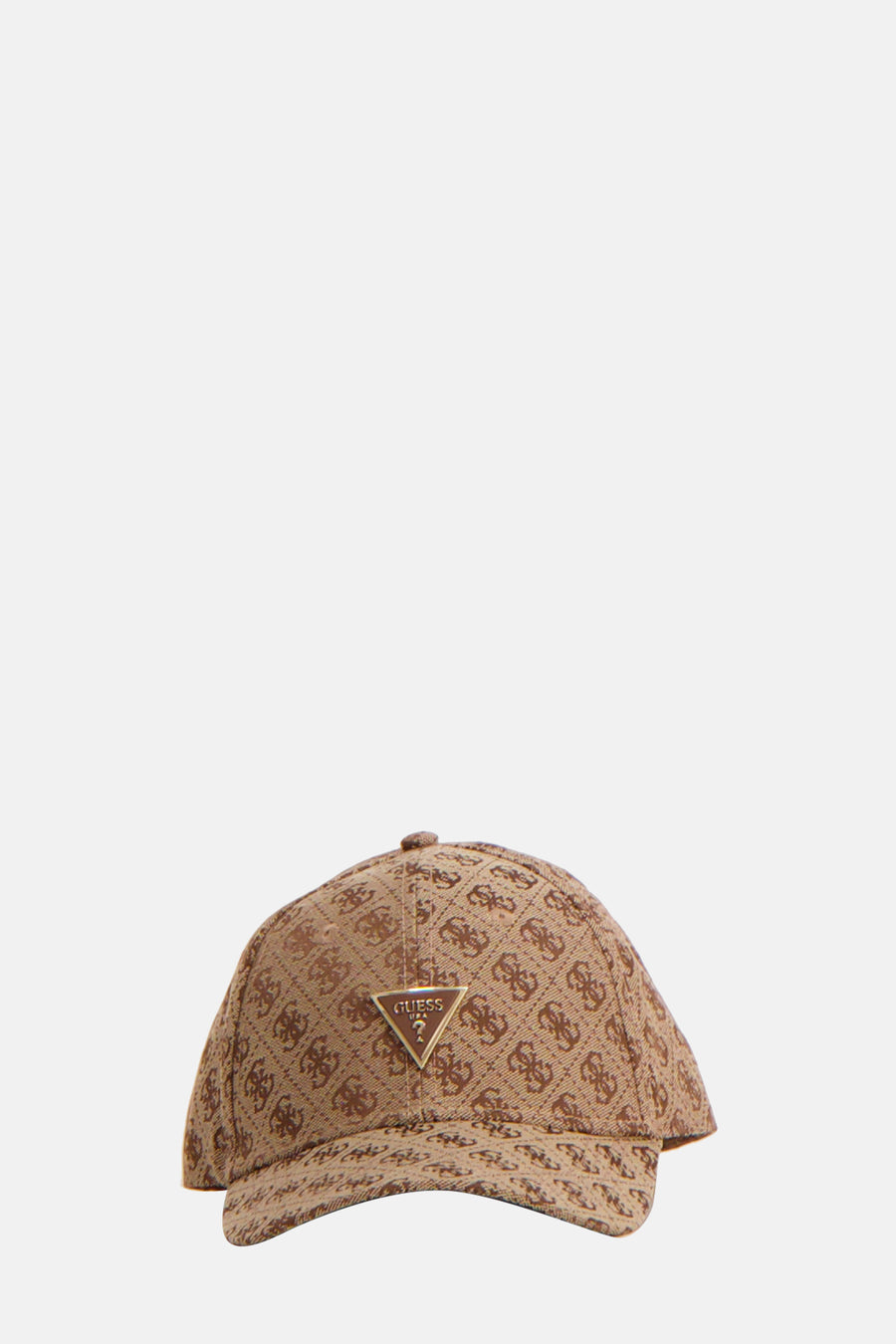 Casquette marron de Guess avec motif monogramme et logo triangulaire distinctif.
