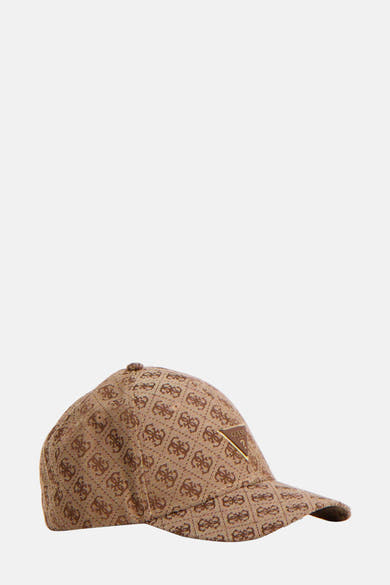 Casquette marron de Guess avec motif monogramme et logo triangulaire.