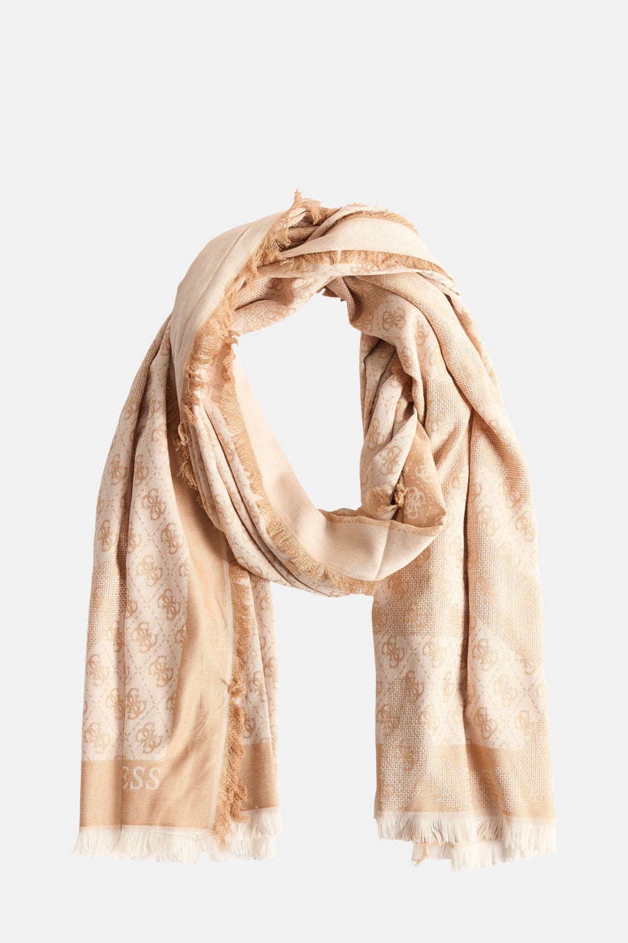 Bruine sjaal van Guess, toon-op-toon monogrampatroon en geplooide textuur.