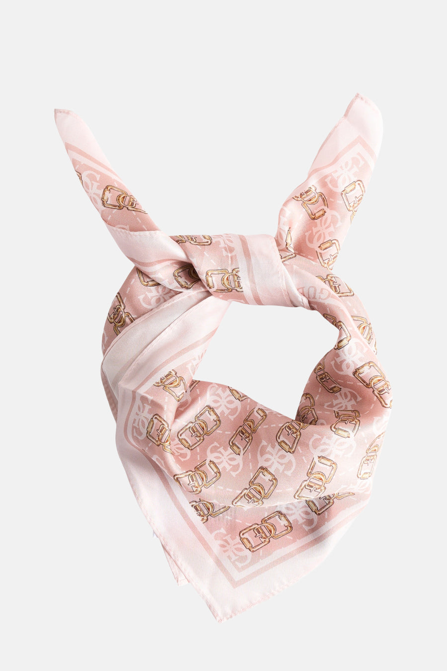 Foulard rose en soie de Guess, avec un motif de boucles dorées et des logos répétés.