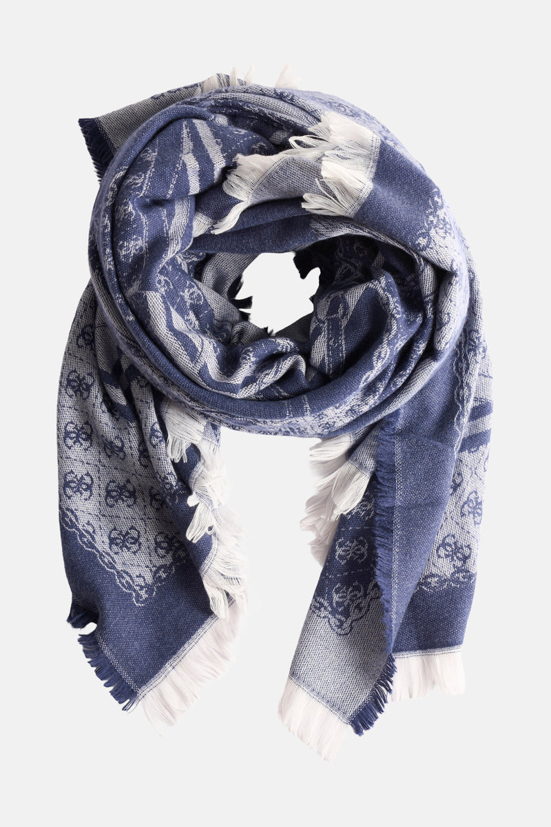 Blauwe sjaal van Guess met een wervelend ornamentaal patroon en een complexe geweven textuur.