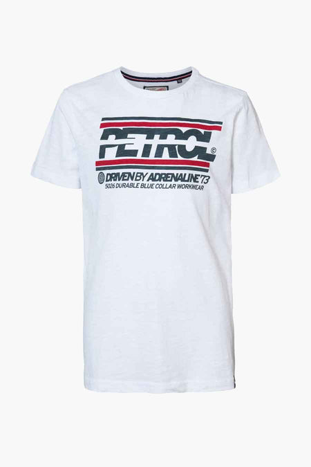 White short-sleeve t-shirt with bold PETROL graphic, red and black stripes, and "Driven by Adrenaline '73" text, front view