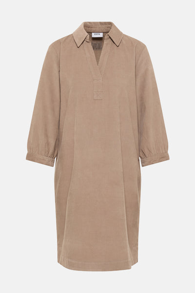 Taupe jurk met lange mouwen van CECIL, van corduroy met een overhemdkraag en knoopsluiting.