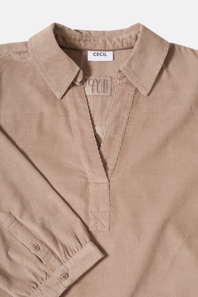 Taupe jurk met lange mouwen van CECIL, van corduroy met kraag en knoopsluiting.