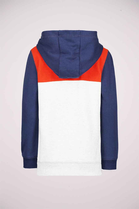 Grey and navy color-block hoodie with orange shoulder panel, back view, ribbed cuffs and hem