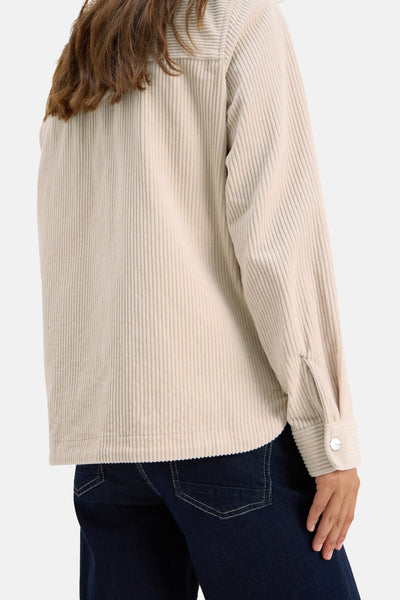 Beige blouse met lange mouwen van CECIL, van corduroy, met stikseldetails en zilverkleurige knopen.