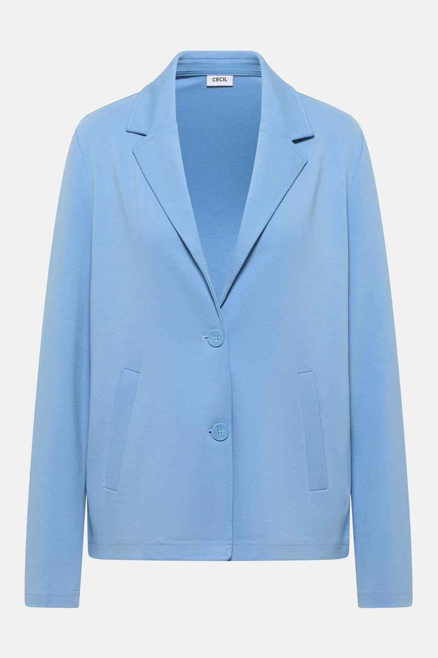 Lichtblauwe blazer van CECIL met twee knopen en opgestikte zakken.
